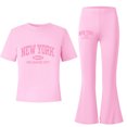 thumbnail image 1 of Xijirk Girls Outfits Summer Casual Set Letter Print Short Sleeve Top with Flare Leg Pants Fashion Two Piece Outfit for Toddler and Playful Daily Wear and Outdoor Fun,Pink,10-11 Years, 1 of 3