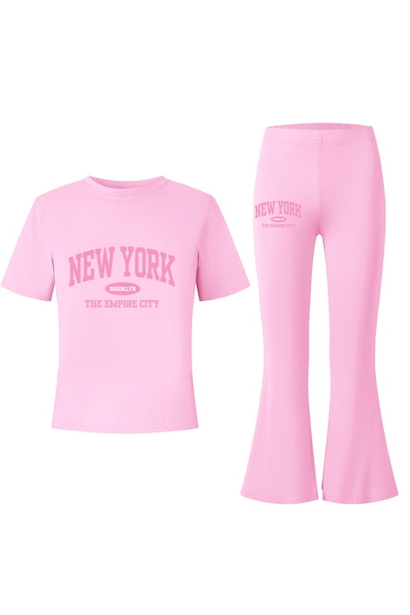 Girls Outfits Summer Casual Set Letter Print Short Sleeve Top with Flare Leg Pants Fashion Two Piece Outfit for Toddler and Teen Playful Daily Wear and Outdoor Fun,Pink,10-11 Years