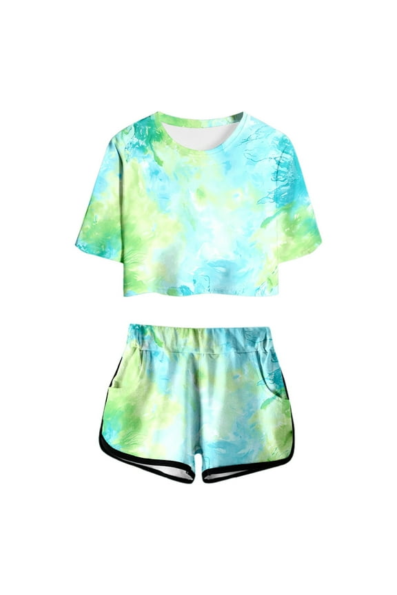 Girls Outfits Summer Outfit Set Print Short Sleeve Top with Shorts Cute Round Neck Pocket Design Casual Clothes for Teens and Juniors Lightweight Daily Wear,Green,4-5 Years