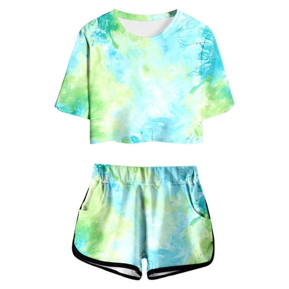 Xijirk Girls Outfits Summer Outfit Set Print Short Sleeve Top with Shorts Cute Round Neck Pocket Design Casual Clothes for and Juniors Lightweight Daily Wear,Green,13-14 Years