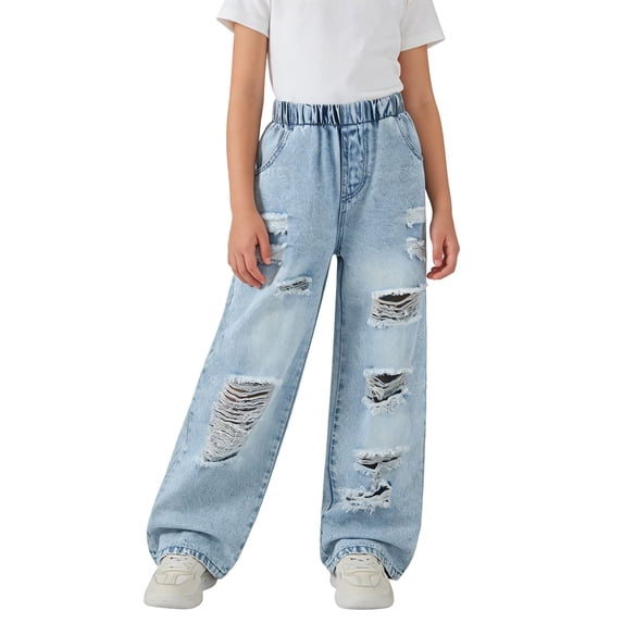 Xijirk Girls Pants Casual Denim Jeans Loose Wide Leg Trousers With Heavy Distressed Elastic Waist Solid Color For Summer Daily Wear,Blue,7-8 Years