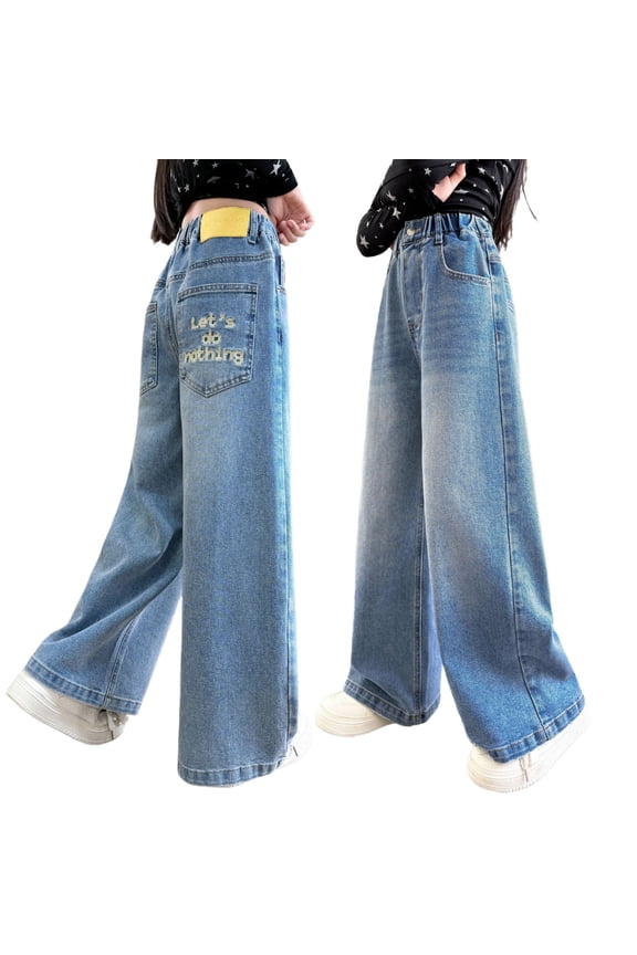 Girls Pants Denim Pants Yellow Letter Prints Gradient Wash Wide Leg Elastic Waist Casual Trousers for Teen Kids Street Style,Yellow,14-15 Years