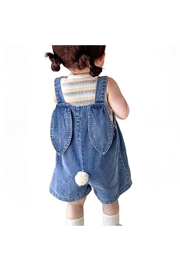 Girls Pants Toddler Girls Bunny Denim Overalls Cute Rabbit Ear & Detail Sleeveless Adjustable Straps Summer Casual Outfit Shortalls,Blue,5-6 Years