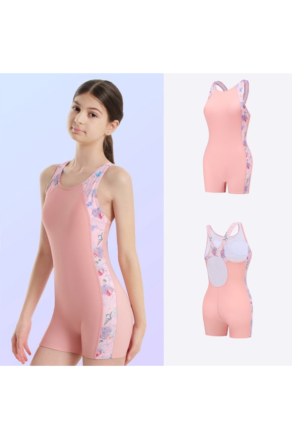 Xijirk Girls Racerback One-Piece Training Swimsuit Print Contrast Shoulder Design for Lap Swimming & Pool Activities,7-8 Years