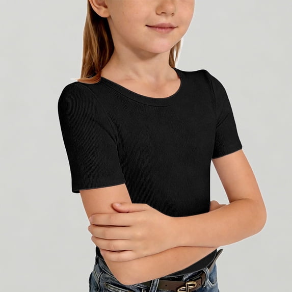 Xijirk Girls Ribbed Knit Short Sleeve Crewneck Tee Soft Casual Basic Top for Toddler Everyday Wear,11-12 Years
