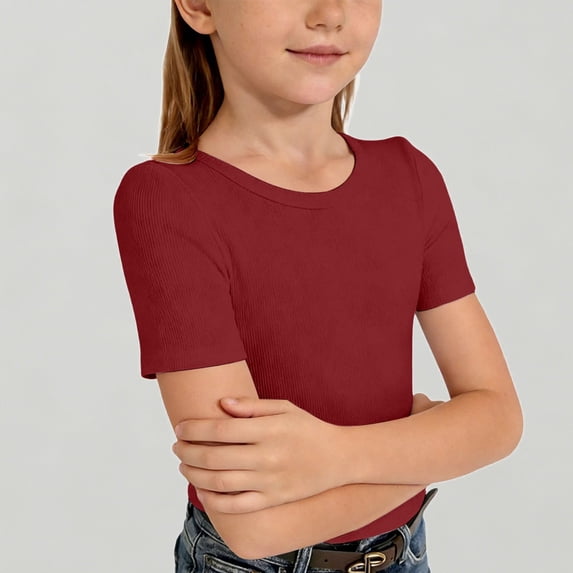 Xijirk Girls Ribbed Knit Short Sleeve Crewneck Tee Soft Casual Basic Top for Toddler Everyday Wear,8-9 Years