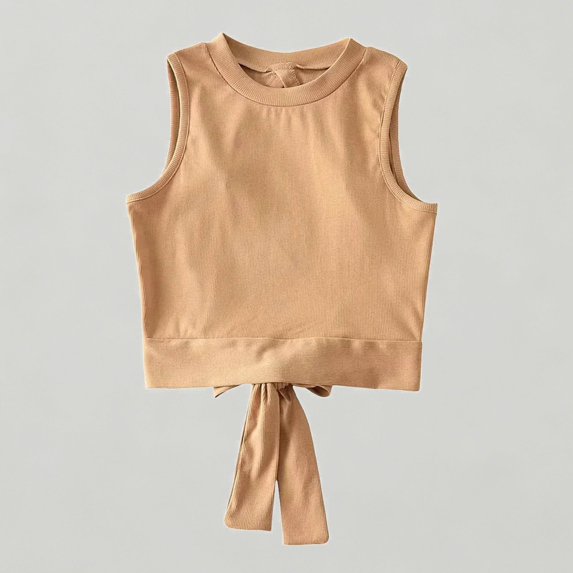 Xijirk Girls' Ribbed Knit Sleeveless Tank Top Round Neck with Back Bow Tie Detail Cropped Summer T-Shirt,M