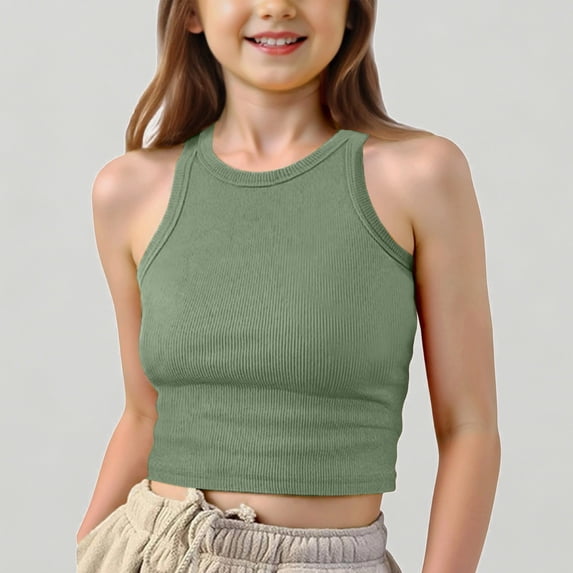 Xijirk Girls Ribbed Sleeveless Crop Top Soft Summer Casual Tee Vest for Kids Basic,13-16 Years
