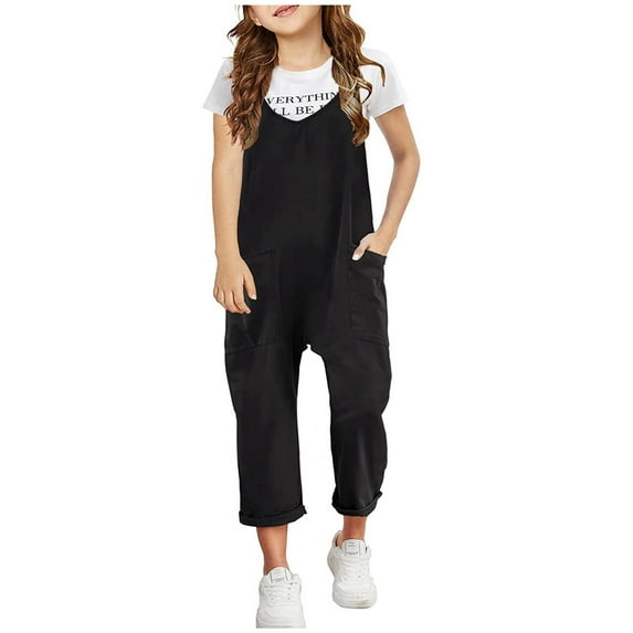 Xijirk Girls Romper,Girls Casual Sleeveless Jumpsuits Spaghetti Strap Comfortable Loose Overalls Rompers Long Pants with Pocket 1 Piece Overalls(Color:Black,Size:XL)