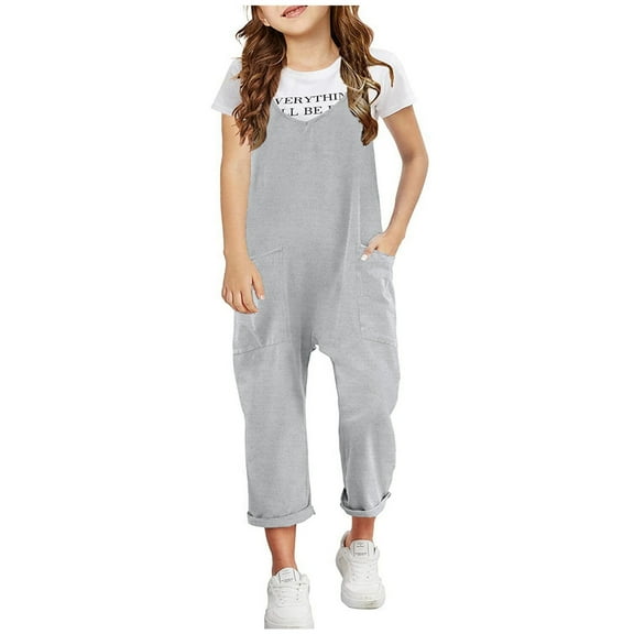 Xijirk Girls Romper,Girls Casual Sleeveless Jumpsuits Spaghetti Strap Comfortable Loose Overalls Rompers Long Pants with Pocket 1 Piece Overalls(Color:Grey,Size:S)