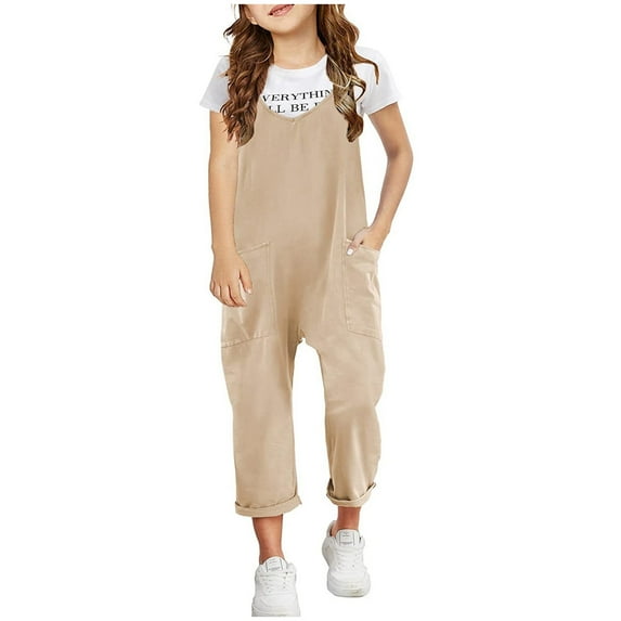 Xijirk Girls Romper,Girls Casual Sleeveless Jumpsuits Spaghetti Strap Comfortable Loose Overalls Rompers Long Pants with Pocket 1 Piece Overalls(Color:Khaki,Size:S)