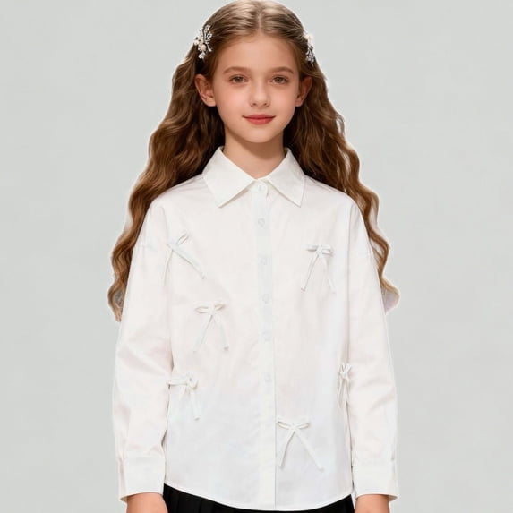 Xijirk Girls Shirts Elegant Bow Tie Blouse Long Sleeve Top With Frill Detail School Wear Layering Piece ,13-14 Years