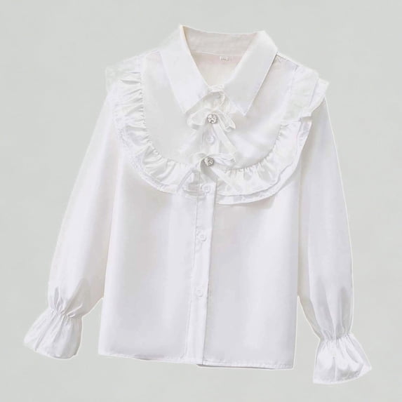 Xijirk Girls Shirts Elegant Long Sleeve Party Blouse Ruffled Button Down Shirt for School and Occasions,5-6 Years