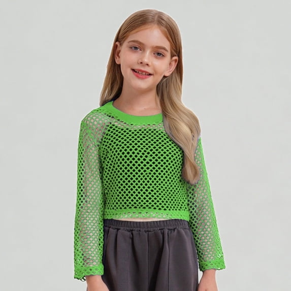 Xijirk Girls Shirts Fashionable Mesh Hollow Out Long Sleeve Blouse Casual Breathable Top,7-8 Years