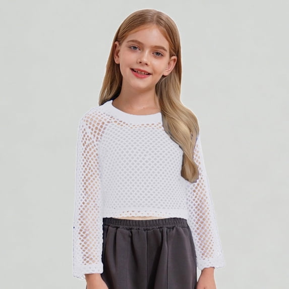 Xijirk Girls Shirts Fashionable Mesh Hollow Out Long Sleeve Blouse Casual Breathable Top,9-10 Years