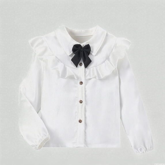 Xijirk Girls Shirts Long Sleeve Ruffled Blouse Bowknot Decorated White Button-Down Shirt Casual Top,7-8 Years