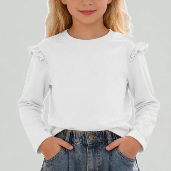 Xijirk Girls Shirts Ruffle Shoulder Long Sleeve Tee Casual Round Neck Blouse Top,8-9 Years