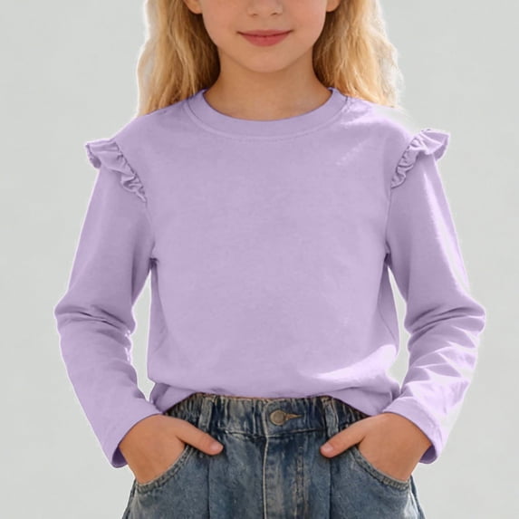 Xijirk Girls Shirts Ruffle Shoulder Long Sleeve Tee Casual Round Neck Blouse Top,9-10 Years