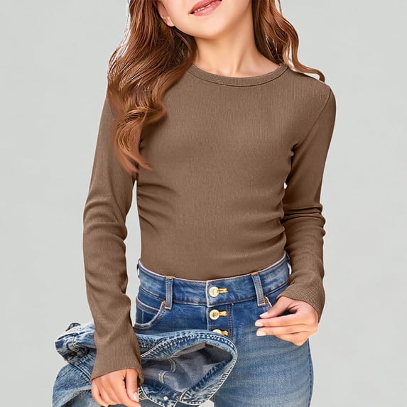 Xijirk Girls Shirts Slim Fit Long Sleeve Ribbed Tee Stretch Casual Basic Comfortable Top Shirt for Kids,11-12 Years