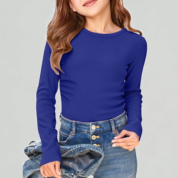 Xijirk Girls Shirts Slim Fit Long Sleeve Ribbed Tee Stretch Casual Basic Comfortable Top Shirt for Kids,15-16 Years
