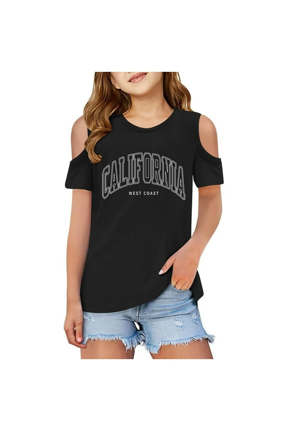 Girls Shirts,Toddler Cold Shoulder Cutout Short Sleeve T Shirts Casual Oversized Fit Soft for Daily Wear Summer Fun Play,Boys Shirts,9-10 Years,Black