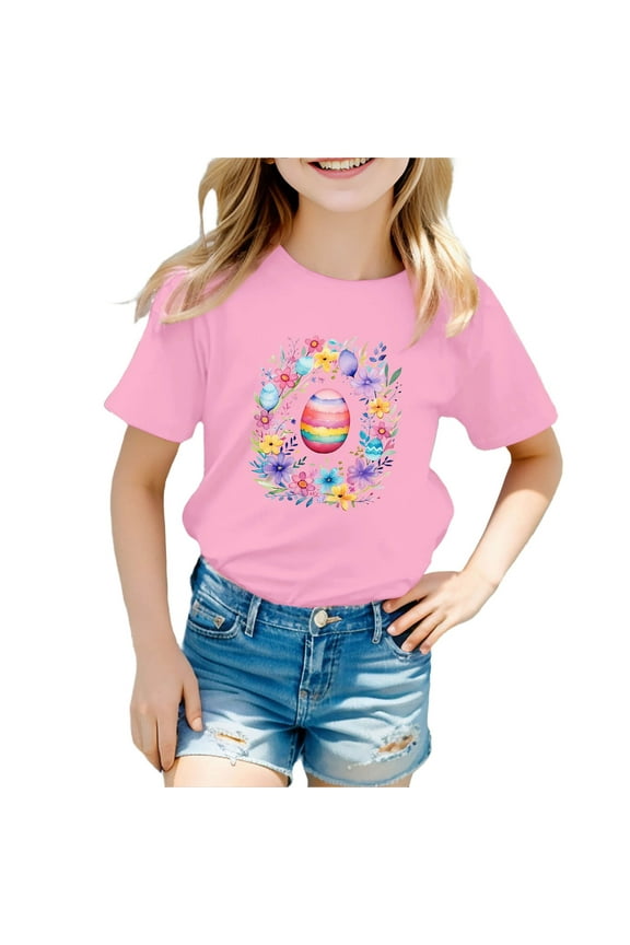 Girls Shirts,Toddler Easter Rabbit Egg Design Casual T Shirt Soft Breathable for Daily Wear Holiday Fun Spring Outings Play,Boys Shirts,5-6 Years,Pink