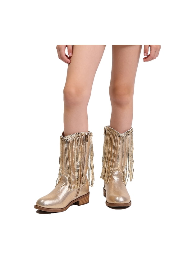 Girls Shoes,Mid Calf Boots Carnival Fringe Detail Fashion Casual Low Heel Ankle Booties Comfortable Pull On Boots for Party Holiday and Everyday Wear,Toddler Shoes,Gold,4-4.5 Years