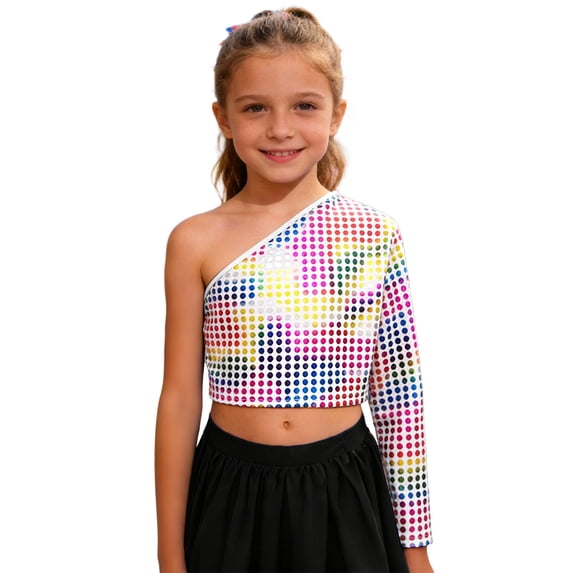 Xijirk Girls Off Shoulder Top Long Sleeve Cropped Tee with Polka Print Casual Blouse Fashion Shirt for Teens Stylish Wear and Outings,11-12 Years,Multicolour