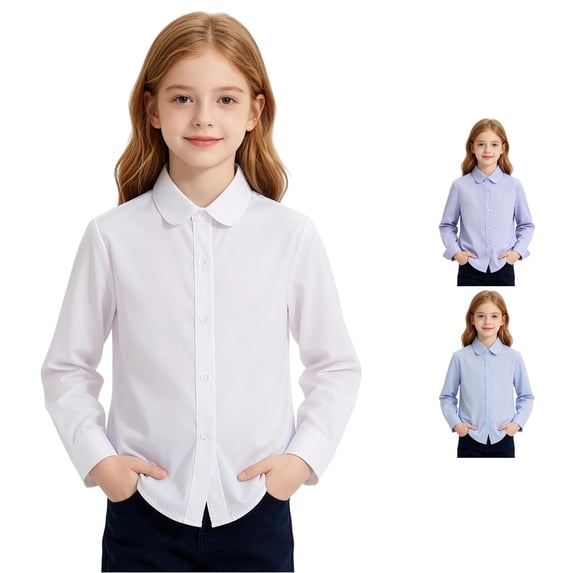 Xijirk Girls Solid Long Sleeve Button Down Peter Pan Collar Dress Shirt Back to School Uniform Casual Blouse Top 17-18 Years,White