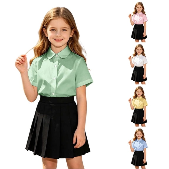 Xijirk Girls Solid Short Sleeve Button Down Peter Pan Collar Dress Shirt Back to School Uniform Casual Blouse Top 4-5 Years,Light Green