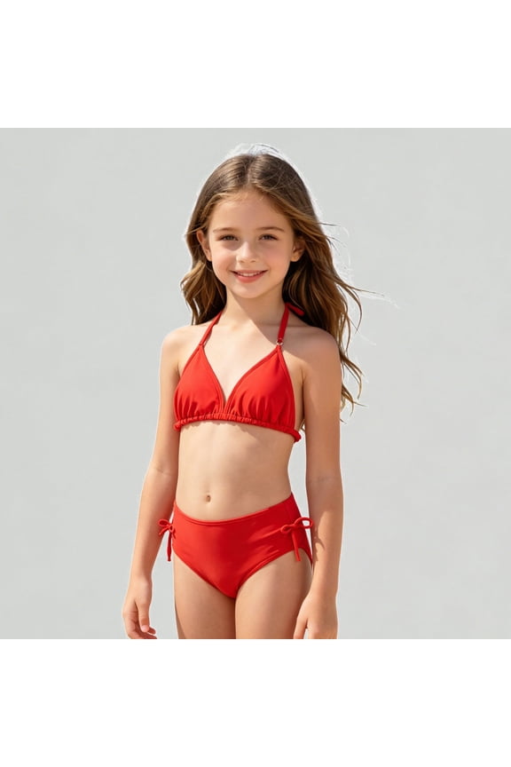 Xijirk Girls' Solid Two-Piece Bikini Set Halter Triangle Top & Side-Tie Bottom for Summer Beach,7-8 Years