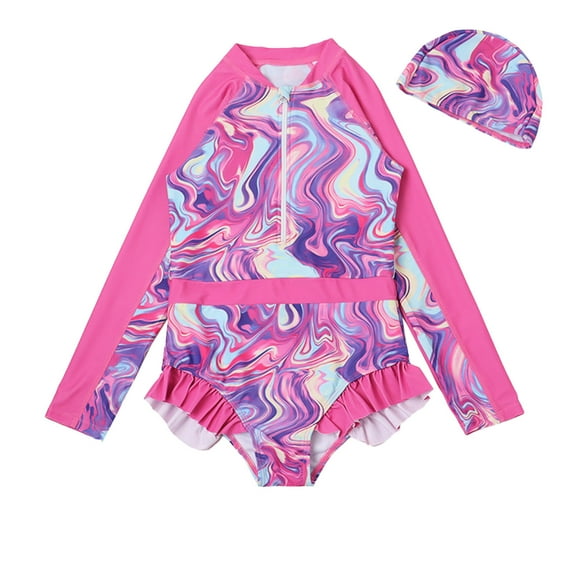 Xijirk Girls' Spring Long Sleeve Rashguard 3-7Y | Tropical Leaf Swimwear +Swim Cap | UPF50+ Half-Zip Beach Suit,Size 4T