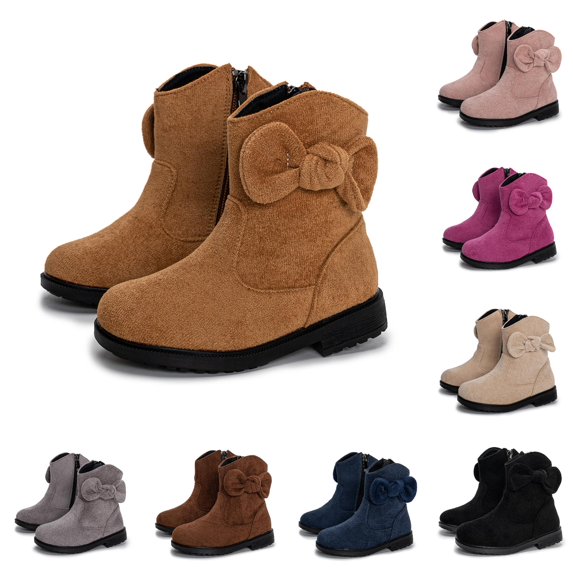 Xijirk Girls Suede Ankle Boots with Side Zipper and 3D Bow for Fall Outfits and Daily Wear,3-3.5 Years
