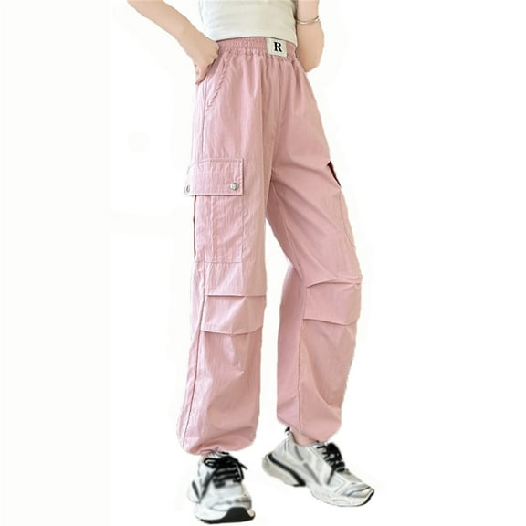 Xijirk Girls Sweatpants,Cargo Pants with Pockets Solid Color Streetwear for Kids 3 14 Years Loose Fit Casual Trousers for Everyday Play,Girls Pants,13 Pink,9-10 Years