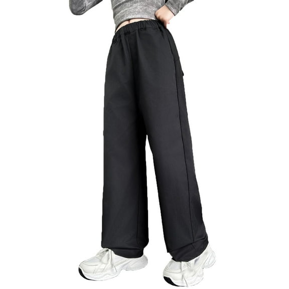 Xijirk Girls Sweatpants,Cargo Pants Wide Leg Joggers Fashionable Loose Fit Casual Trousers for Kids Spring Fall Play Wear with Pockets,Girls Pants,12 Black,3-4 Years