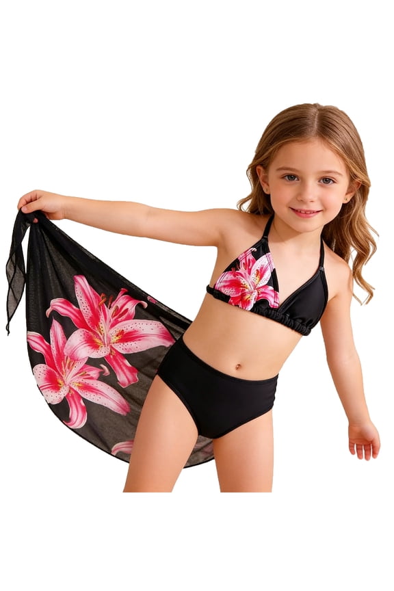 Girls Swimsuit,Floral Print Bikini Two Piece Swimwear for Big Girls and Teens Summer Beach Pool Outfit Bathing Suit,Swimsuit for Girls,Black,8-9 Years