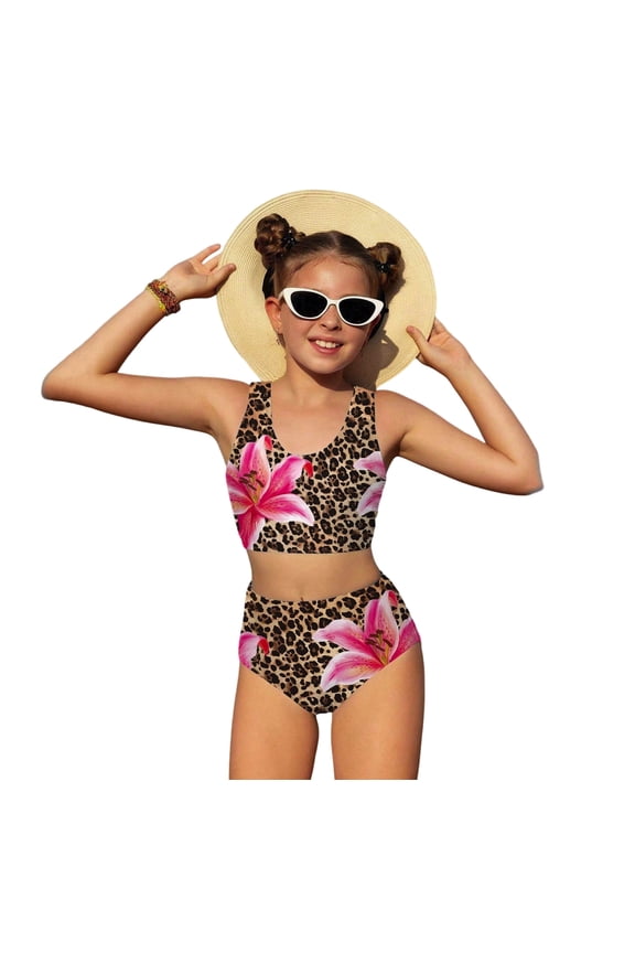 Girls Swimsuit,Leopard Print Bikini Adjustable Triangle Top and Tie Side Bottoms Swimwear Two Piece Outfit Summer Beach Vacation,Toddler Swimsuit Girl,9-10 Years,Brown