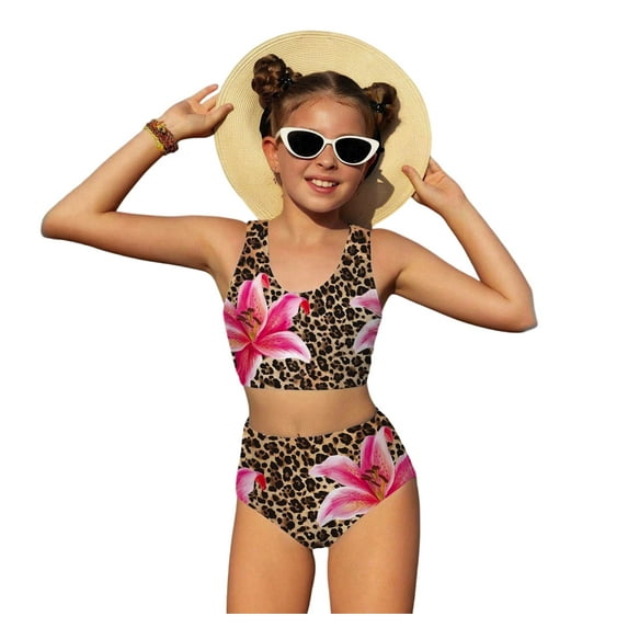 Xijirk Girls Swimsuit,Leopard Print Bikini for Girls Adjustable Triangle Top and Tie Side Bottoms Two Piece Swimwear Outfit,Kids Swimsuits,Brown,7-8 Years