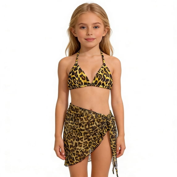 Xijirk Girls Swimsuit,Leopard Print Two Piece Bikini with Ruffle Top Adjustable Straps and High Waist Bottom Soft Comfortable Fit Swimwear Set for Pool Beach,,7-8 Years,Z02 Yellow