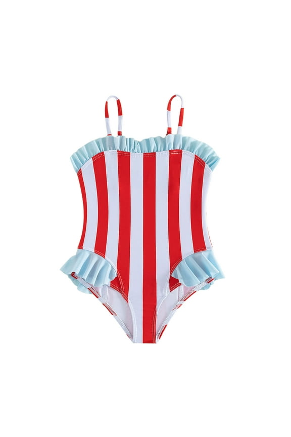 Girls Swimsuit,Patriotic Striped One Piece Swimsuit Stars and Stripes Design Comfortable Bathing Suit for Beach Pool Water Play Summer Swimwear Outfit,Tankini Swimsuits,Red,5-6 Years