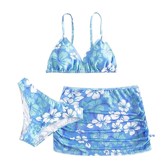 Xijirk Girls Swimsuit,Three Piece Swimsuits Cute Flower Print Bikini Tops with Ruffles Skirt Soft Comfortable Stylish Summer Swimwear Set for Beach and Pool,Z05 Blue,8-10 Years
