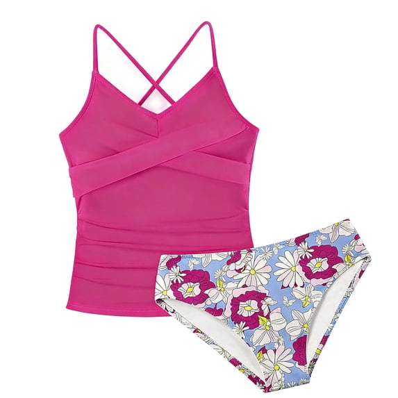 Xijirk Girls Swimsuit,Two Piece Bikini Set With Skirt Adjustable Spaghetti Straps Floral Print Removable Soft Cups Ruffle Trim Bottom for Beach Pool Party,Z04 Hot Pink,9-10 Years