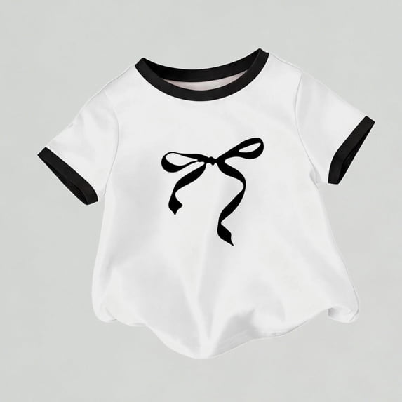 Xijirk Girls T Shirts Elegant Bow Print Ruffled Short-Sleeve Shirt Bow Print Soft Casual Tee Shirt,5-6 Years