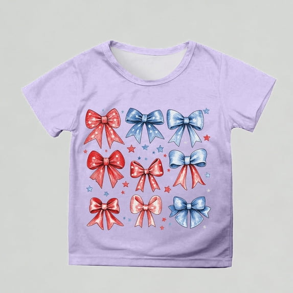Xijirk Girls T Shirts Independence Day Bow Print Tee Short Sleeve Round Neck Casual Top for Everyday & Party,4-5 Years