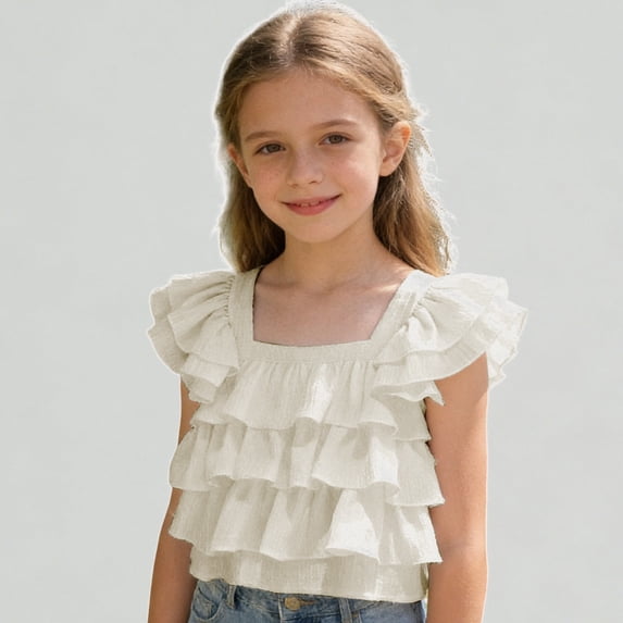 Xijirk Girls T Shirts Ruffle Square Neck Flutter Sleeve Blouse Casual Summer Soft Breathable Tee Shirt,15-16 Years