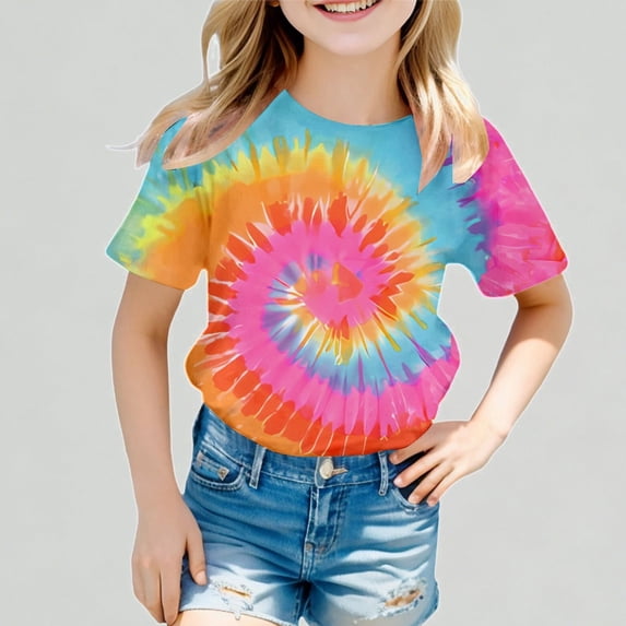 Xijirk Girls T Shirts Tie Dye Print Short Sleeve Round Neck Casual Tee Summer Fashion Top,10-11 Years