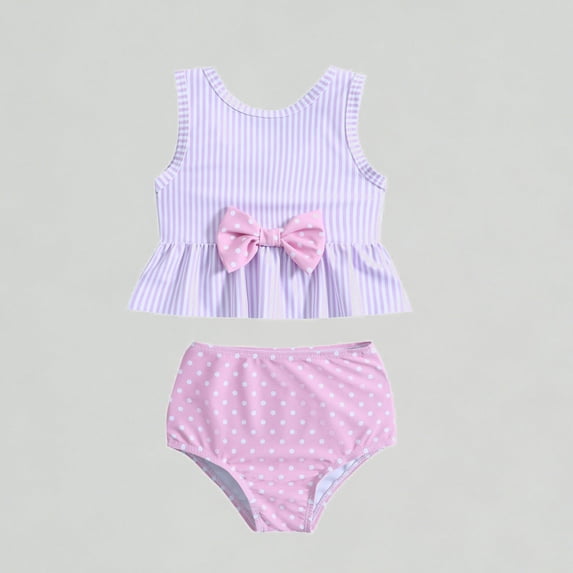 Xijirk Girls Two-Piece Swimsuit Striped Bowknot Tankini with Polka Dot Bottom Cute Summer Swimwear,12-18 Months