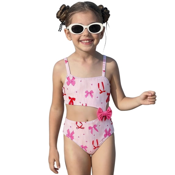 Xijirk Girls Two Piece Swimsuit Summer Beachwear with Side Cutouts 3D Bow Asymmetric Shoulder Striped Bow Print Swimwear for Pool Beach,4-5 Years,Z03 Red