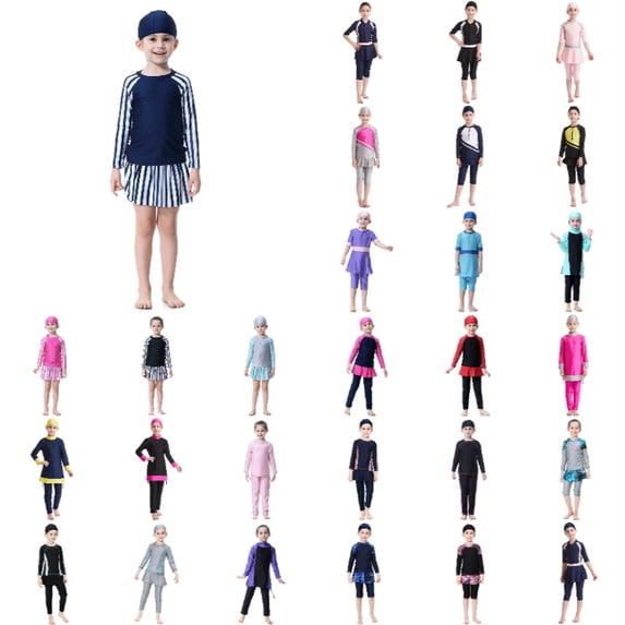 Xijirk Girls Two-Piece Swimwear Set Long Sleeve Top with Striped Sleeves and Matching Skirt Bottom Beach & Pool Wear,14-15 Years