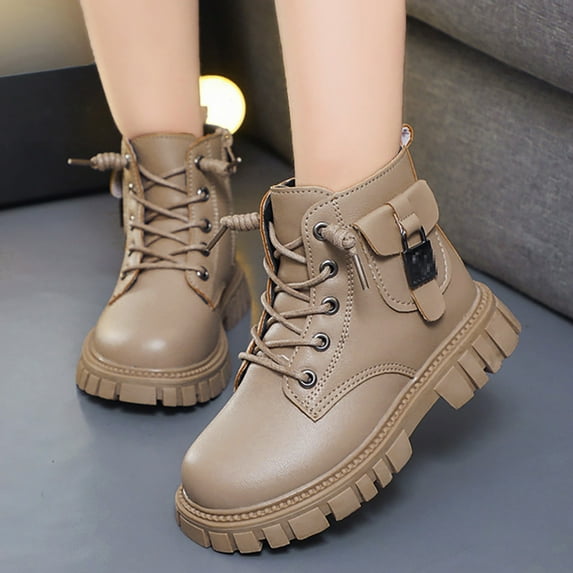 Xijirk Girls Versatile Short Boots Winter Children Simple Waterproof Side Zip Warm Durable Ankle Boots-Khaki-1